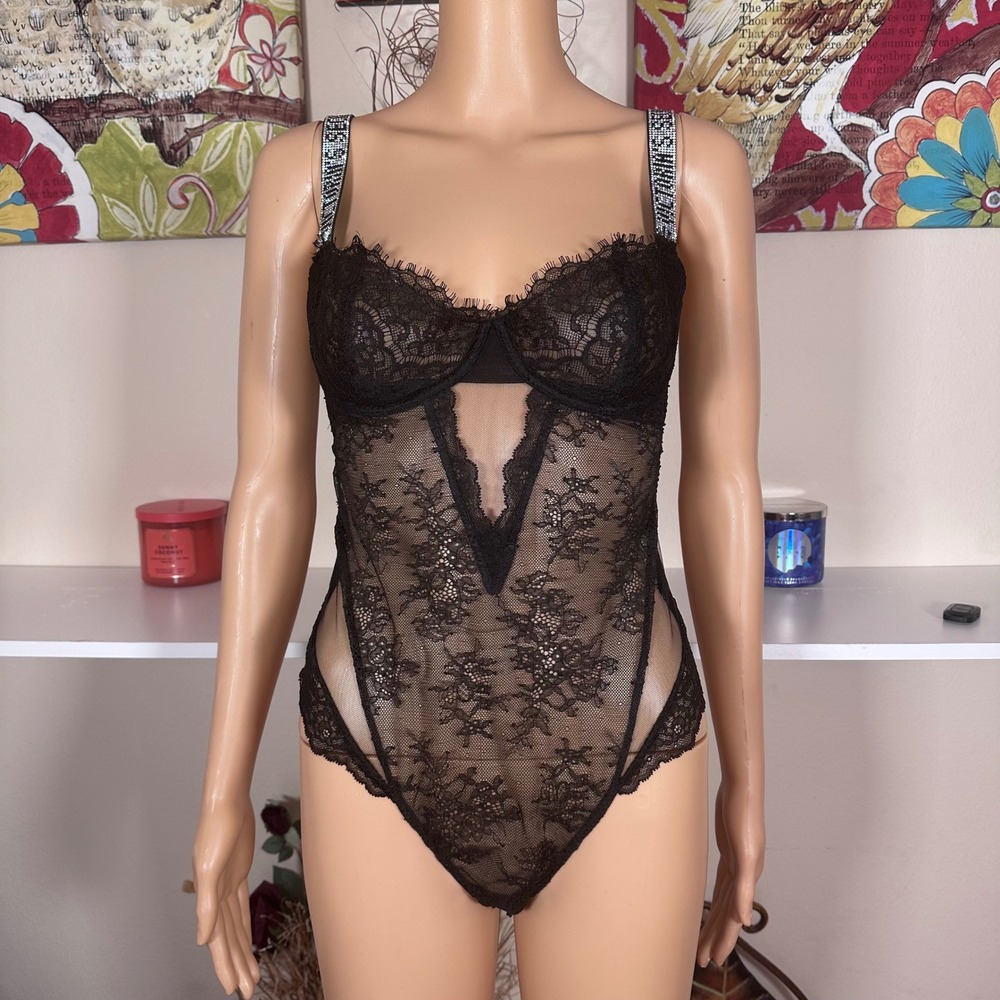 Victoria's Secret Black Lace Bodysuit Rhinestone Strap Corset Teddy Lingerie